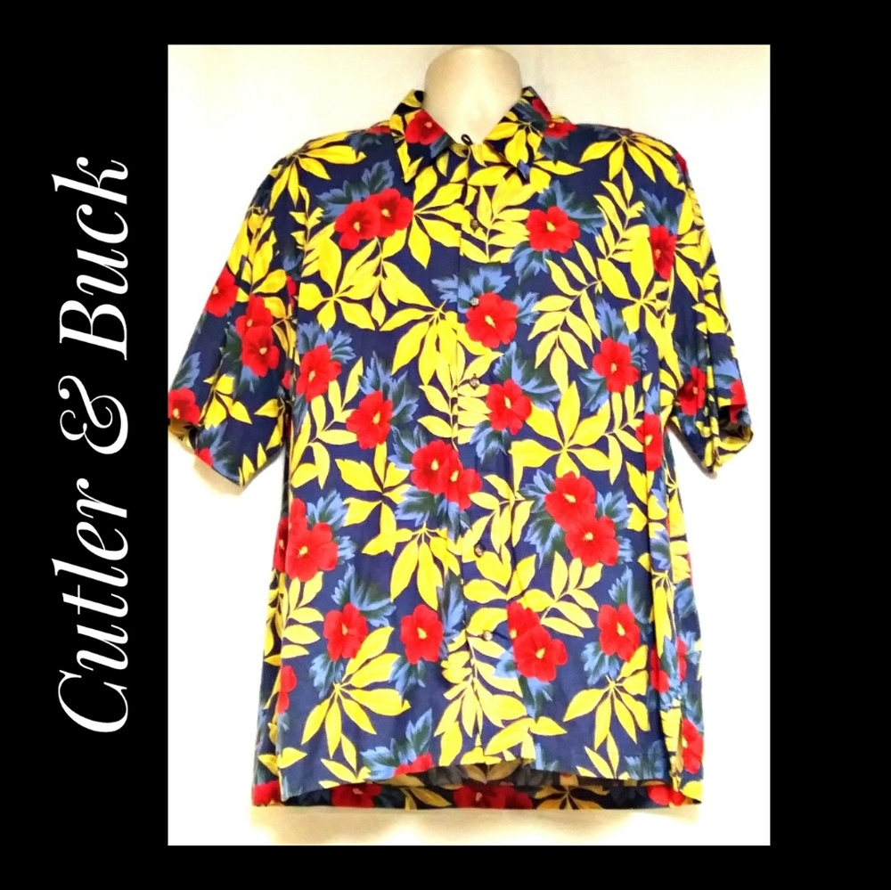 Cutter & Buck Hawaiian Shirt Yellow Red Blue Large